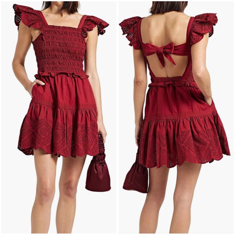 Sea New York Vivienne Broderie Anglaise Eyelet Shirred Mini Dress Claret, XS